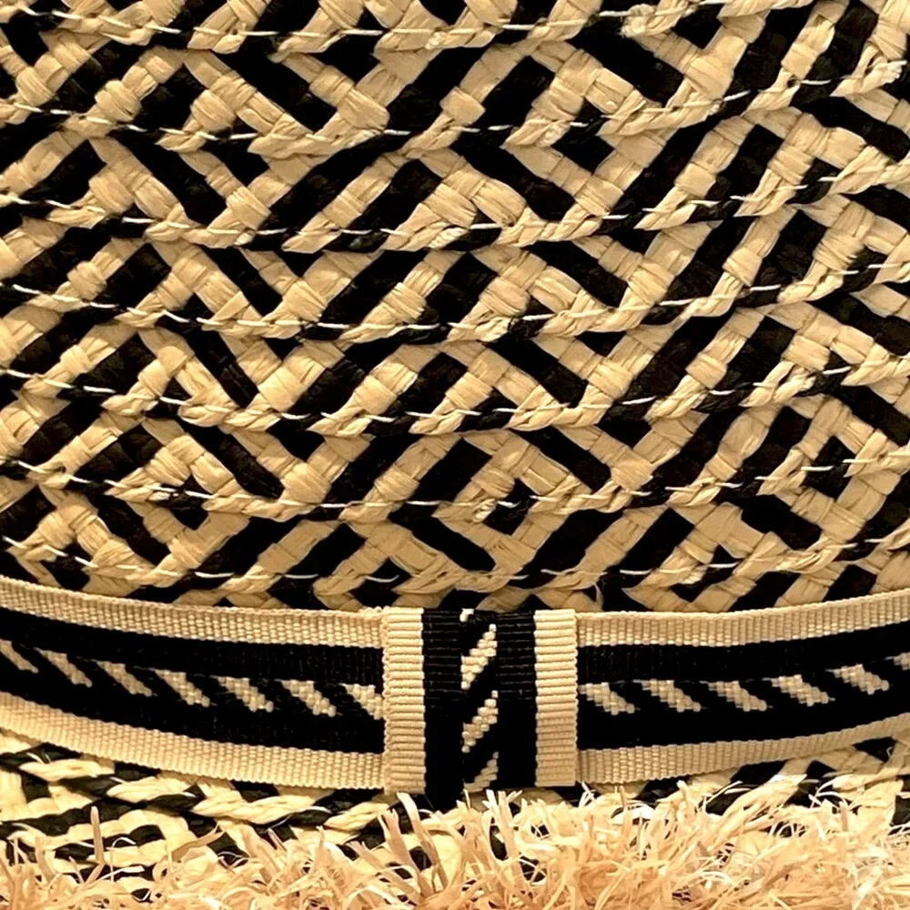 Kids Target Straw Fedora Sun Hat Black Tan Frayed Brim Hat Day NWOT